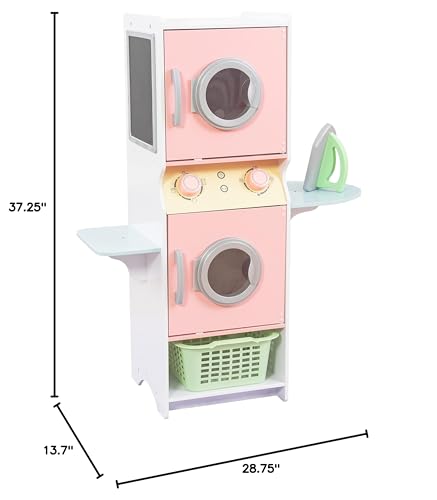 KidKraft Laundry Playset Children's Pretend Wooden Stacking Washer and Dryer Toy with Iron and Basket, Pastel, Gift for Ages 3+ - WoodArtSupply