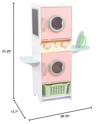 KidKraft Laundry Playset Children's Pretend Wooden Stacking Washer and Dryer Toy with Iron and Basket, Pastel, Gift for Ages 3+ - WoodArtSupply