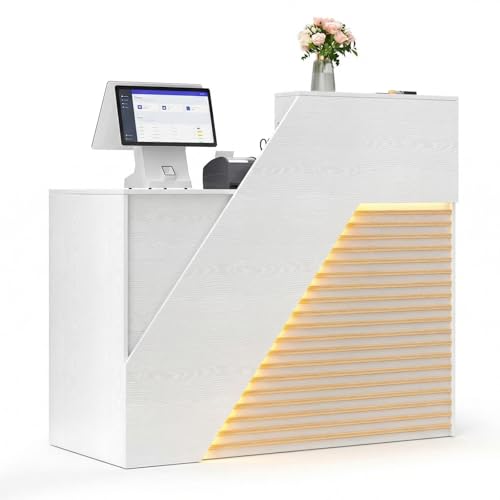 TUSY 42.2" H Modern Reception Desk - Small Front Desk with Adjustable LED Light, Reception Room Table with Built-in USB Outlet for Salon, Lobby (47.2" W x 19.69" D x 42.2" H)