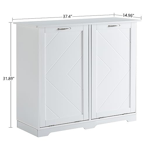VECELO Double Tilt Out Kitchen Trash Bin Cabinet Dog Proof Garbage Can with Wood Holder Free Standing Recycling, White VECELO