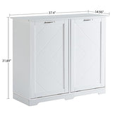 VECELO Double Tilt Out Kitchen Trash Bin Cabinet Dog Proof Garbage Can with Wood Holder Free Standing Recycling, White VECELO