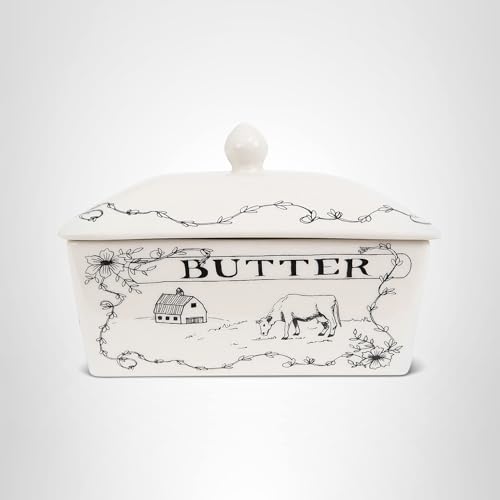 Creative Co-Op Country Stoneware Butter Dish with Lid, "Spread the Love" Message, and Farm Line Drawing, White and Black, Food, Microwave, and Dishwasher Safe Creative Co-Op