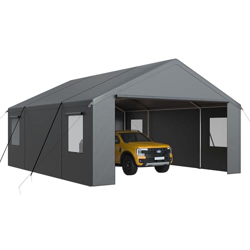 AirWire Carport, Heavy Duty Car Port 20x20 FT, Large Car Canopy with Roll-Up Windows & Side-Opening Door, Outdoor Portable Garage Reinforced Four-Hole Base for Car, Truck, Boat, Motorcycle AirWire