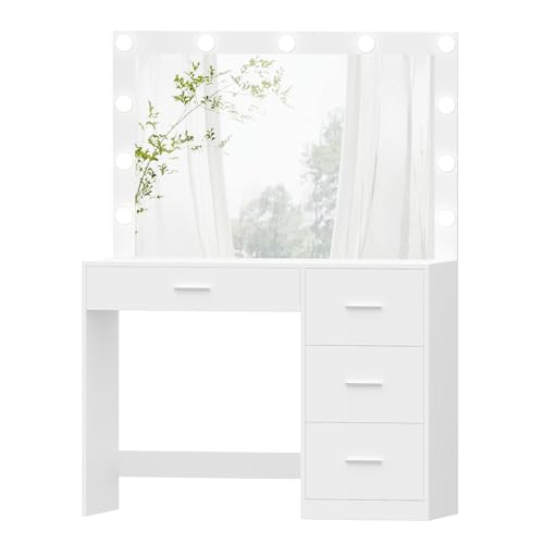 Irontar Makeup Vanity Table, Makeup Table with Large Mirror and 11 LED Lights, Brightness Adjustable, Dressing Table Desk with 4 Drawers, Vanity Desk for Girls, Women, White WDT002W Irontar