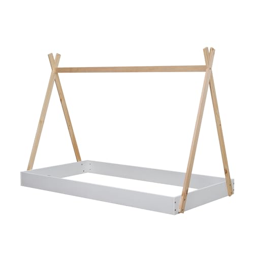 Bellemave Twin Size Teepee Tent Floor Bed Frame with Triangle Structure for Kids - Montessori White and Natural Design - WoodArtSupply