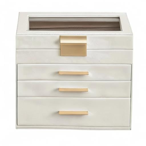 SONGMICS Jewelry Box Organizer with Glass Lid, 4-Layer Jewelry Storage, with 3 Drawers, Modern Style, 6 x 9.9 x 8.5 Inches, Cloud White and Gold Color UJBC161W01 SONGMICS