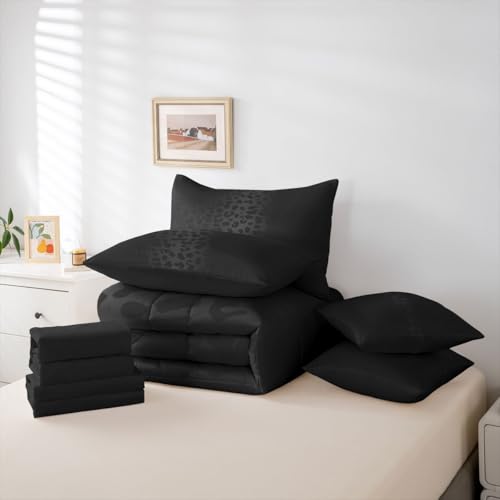 Queen Size Black Leopard Bedding Set 7 Pieces Bed in a Bag, Cheetah Bedding Set with Sheets All Season, Animal Print Bed Sets with Comforter, Fitted Sheets, Flat Sheets, Pillow Shams and Pillowcases Feelyou