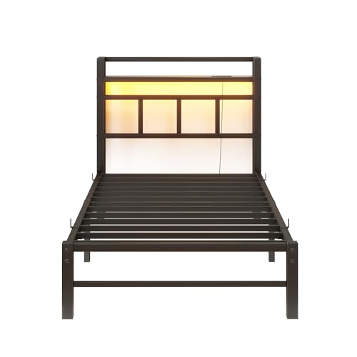Maliacife Twin Bed Frame with Headboard,Single Bed Frame with Charging Station and LED Lights,Metal Platform Bed Twin Sizes,No Box Spring Needed,Easy Assembly,Black (Black, Twin) Maliacife