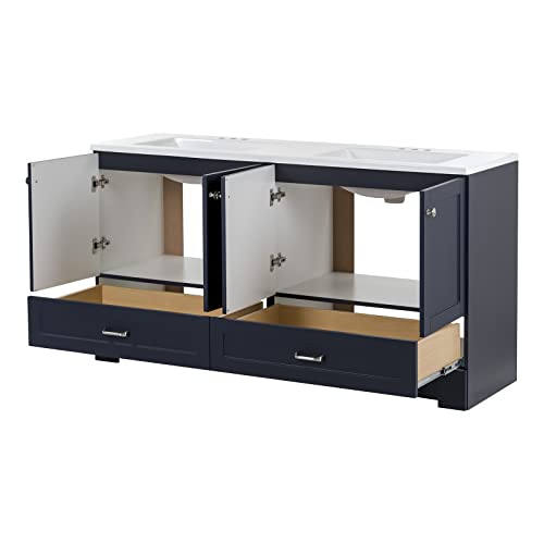Spring Mill Cabinets Emlyn 60 Inch Double-Sink Bathroom Vanity with White Top, 2 Cabinets, 2 Drawers, 60.5" W x 18.75" D x 32.89", Deep Blue Spring Mill Cabinets