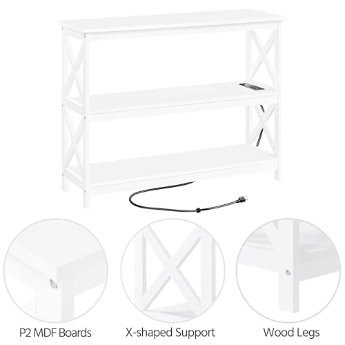 Yaheetech Entryway Table with Storage Shelves, Console Table with Power Outlets and USB Ports, Wood Narrow Sofa Table with X-Shaped Design for Living Room/Hallway/Couch, White Yaheetech
