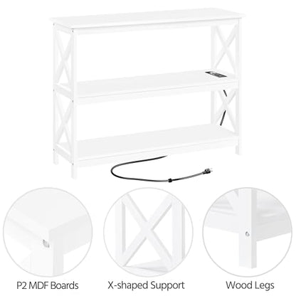 Yaheetech Entryway Table with Storage Shelves, Console Table with Power Outlets and USB Ports, Wood Narrow Sofa Table with X-Shaped Design for Living Room/Hallway/Couch, White - WoodArtSupply