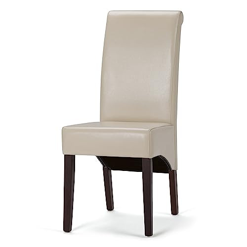 SIMPLIHOME Avalon Deluxe Parson Dining Chair (Set of 2), Satin Cream Faux Leather and SOLID WOOD, Square, Upholstered, For the Dining Room, Transitional Modern SIMPLIHOME