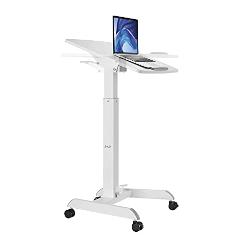 AVLT 47" Height Adjustable Mobile Workstation with Tilting Desk (3 ft 11 inches) - Foot Pedal Pneumatic Standing Desk Cart - Mobile Laptop Cart - Mobile White Cart with Brake Casters AVLT
