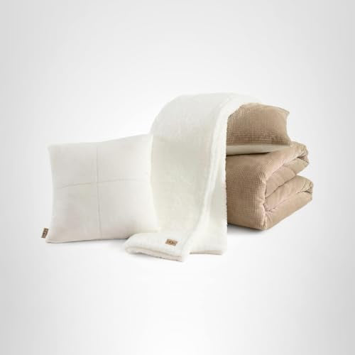 UGG Remina Twin Comforter Set 4 Piece Bed in a Bag with Throw Blanket, Decorative Pillow Sham and Reversible Comforter Hypoallergenic Washable College Dorm Bedding, Twin XL, Brown Birch UGG