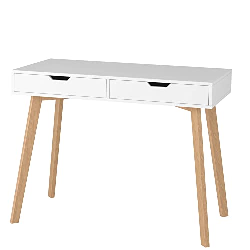 FOTOSOK White Computer Writing Desk with 2 Drawers, Small Desk Makeup Vanity Table Wood Desk with 4 Oak Legs, Modern Home Office Desk Console Study - WoodArtSupply