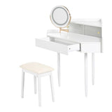 Merax Corner Small Vanity Desk with Mirror and Lights, 44.09" L Makeup Vanity Set with Stool, Dressing Table with Sliding Glass Door, Drawer and Display Shelf, White Merax