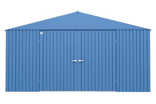 Arrow Shed Elite 14' x 14' Tall Outdoor Steel Storage Shed with High Gable and Lockable Doors Storage Building, Blue Grey Arrow