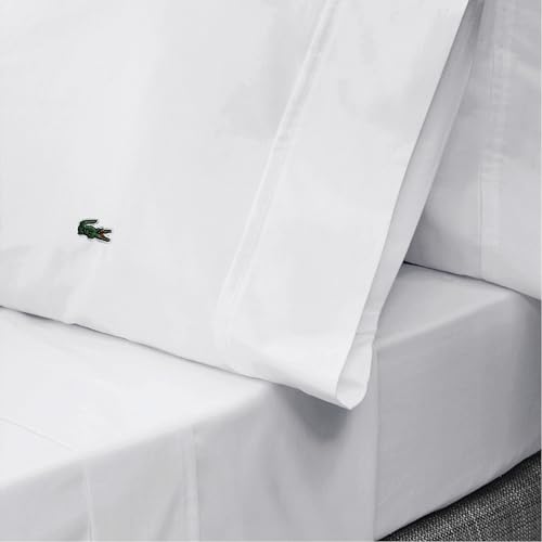Lacoste 100% Cotton Percale 4-Piece Sheet Set – Cool, Crisp, Matte, and Durable, Oeko-Tex Certified – Solid, White, Standard King Lacoste