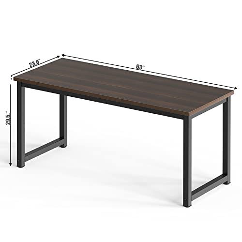 NSdirect Large Office Desk for Home Office, Large 63” Computer Desk Table, Wide Writing Study Desk for 2 Person, Metal Sturdy Frame Thicker Steel Legs, Black Chocolate NSdirect