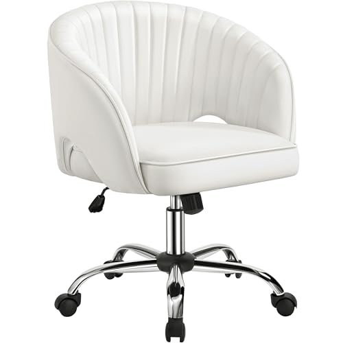 Yaheetech Home Office Chair, Faux Leather Desk Chair, Modern Swivel Chair with Tufted Barrel Back, Rolling Wheels for Office,Study, Vanity, Bedroom White Yaheetech