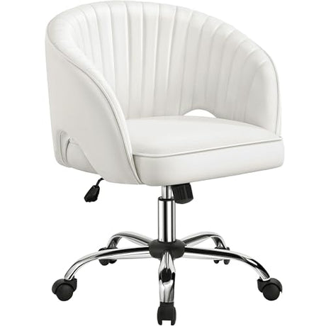 Yaheetech Home Office Chair, Faux Leather Desk Chair, Modern Swivel Chair with Tufted Barrel Back, Rolling Wheels for Office,Study, Vanity, Bedroom White Yaheetech