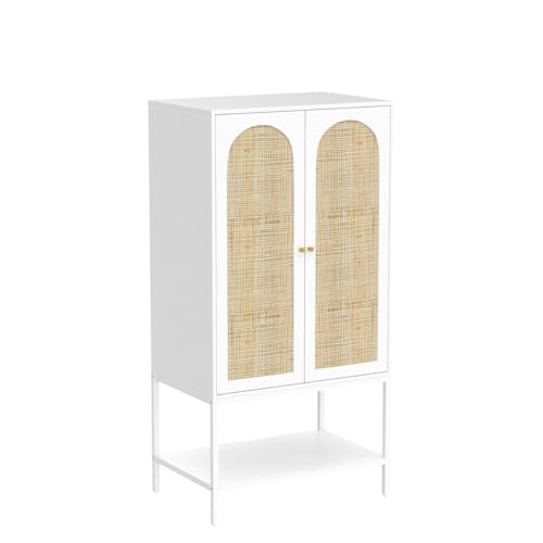 QEIUZON Wardrobe Closet, Rattan Freestanding Wardrobe Cabinet with Storage Cubes & Hanging Rod, Bedroom Armoire, 2-Doors-White QEIUZON