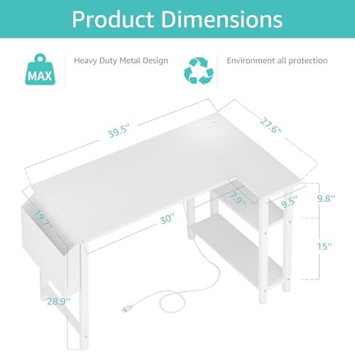 Lufeiya White L Shaped Computer Desk with Power Outlet Shelves, 40 Inch Small Corner Desk for Small Space Home Office, L-Shaped Desk PC Desks, White - WoodArtSupply