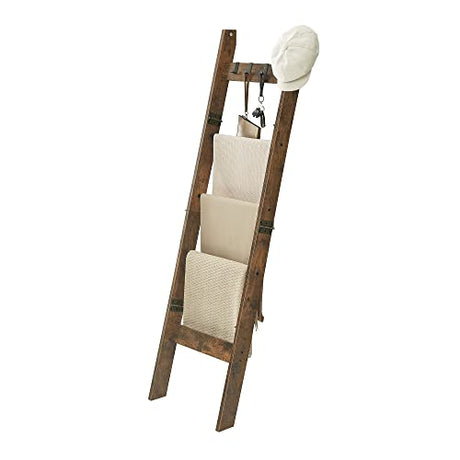 Hzuaneri Blanket Ladder Shelf for Living Room, Decorative Wood Quilt Rack with 4 Removable Hooks, 5-Tier Farmhouse Ladder Holder Organizer for Bedroom, Rustic Brown 02101BBR Hzuaneri