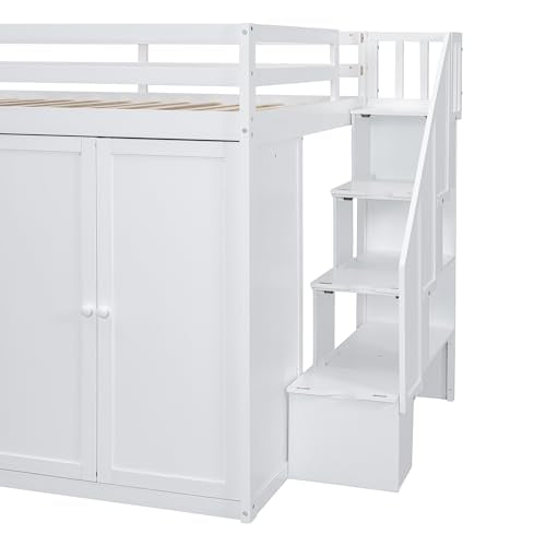 Ball & Cast Full Size Loft Bed with Storage Staircase & Safety Guardrail,Sturdy Wood Bedframe W/ 3 Cabinets & 4 Drawers,Built-in Wardrobes,Space Saving,for Boy Girl Kids Small Bedroom Dormitory,White Ball & Cast
