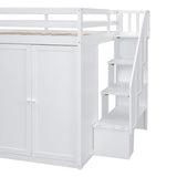 Ball & Cast Full Size Loft Bed with Storage Staircase & Safety Guardrail,Sturdy Wood Bedframe W/ 3 Cabinets & 4 Drawers,Built-in Wardrobes,Space Saving,for Boy Girl Kids Small Bedroom Dormitory,White Ball & Cast