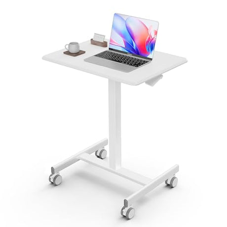 DUMOS Mobile Small Standing Desk, Portable Rolling Laptop Desk with 2 Lockable Wheels, Adjustable Height Computer Workstation for Home Office, 19 Inch White DUMOS