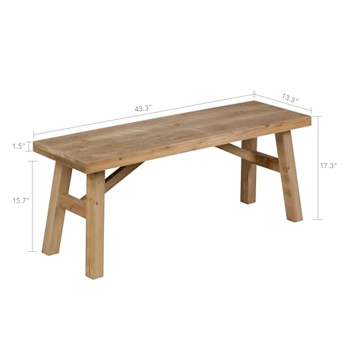 Sawmill Long Wood Bench, 43" Farmhouse Entryway Bench for Living Dining Room, Rustic Entry Way Benches Seat, Solid Wood, Handcraft Finshed, Natural - WoodArtSupply