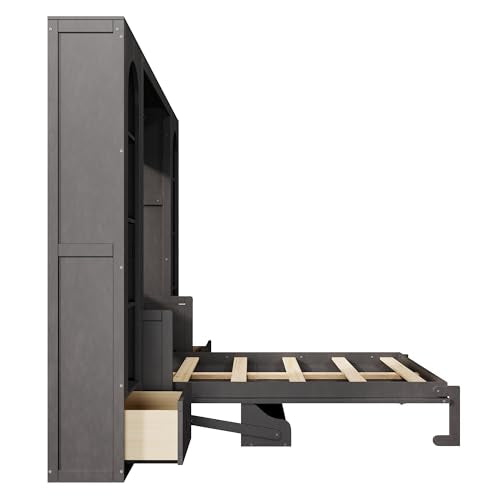 Merax Queen Size Murphy Platform Bed with Shelf, Side Cabinets, Drawers and LED, Gray Merax
