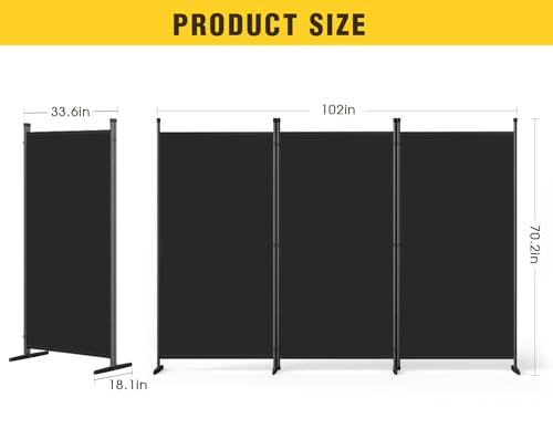 AKTOP 3-Panel Room Divider, Freestanding Wall Divider for Room Separation, Folding Privacy Partition Screen 70''W x 102''H, Portable Room Divider Panel Privacy Screen for Dorm Studio Office, Black AKTOP