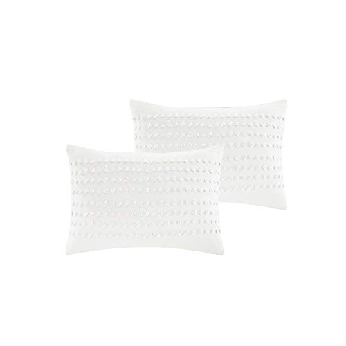 Comfort Spaces Cotton Comforter Set Jacquard Pom-Pom Tufts Design, Down Alternative, All Season Modern Bedding, Matching Shams, Full/Queen, Phillips, Ivory Comfort Spaces