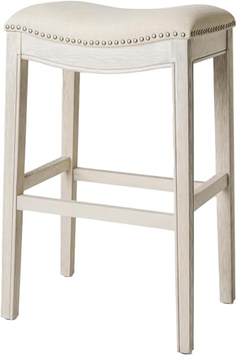 Maven Lane Adrien Saddle Bar Stool in White Oak Finish with Natural Fabric Upholstery - WoodArtSupply