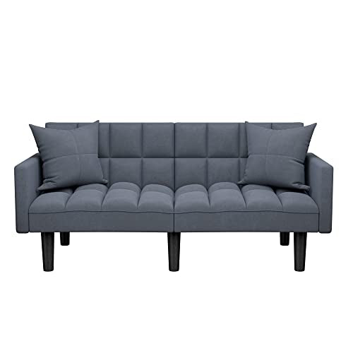 JUMMICO Modern Tuft Futon Sofa Bed Couch Convertible Loveseat Sleeper Reclining Futon Twin Size with Arms and 2 Pillows for Living Room (Blue) JUMMICO