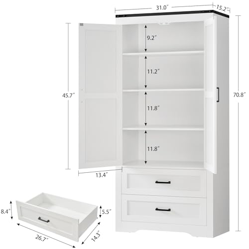 Quimoo 71" Tall Pantry Cabinet with 2 Drawers & Adjustable Shelf, Kitchen Pantry Cabinet with Barn Doors, Storage Cabinet, Kitchen Cabinet for Kitchen, Home Office, Bathroom, White - WoodArtSupply