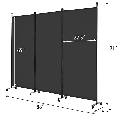 Spurgehom 3 Panel Rolling Room Divider, Folding Partition Privacy Screens, Freestanding Fabric Room Panel, Portable Folding Wall Divider for Office, Room, Restaurant, Hospital (Black) Spurgehom