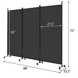 Spurgehom 3 Panel Rolling Room Divider, Folding Partition Privacy Screens, Freestanding Fabric Room Panel, Portable Folding Wall Divider for Office, Room, Restaurant, Hospital (Black) Spurgehom