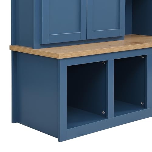 Ball & Cast 62.9" Farmhouse Hall Tree with Bench,4-in-1 Coat Rack W/Display Shelf,4 Storage Unit and 5 Shoe Cabinet,Entryway Cabinet W/ 6 Hanging Hookers,for Hallway,Living Room,Mudroom,Blue Ball & Cast