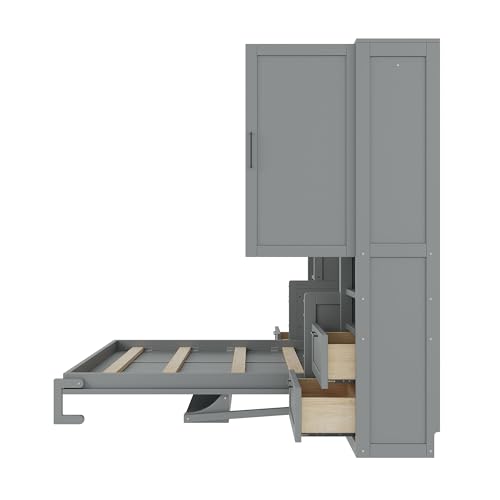 Merax Queen Size Murphy Bed with Desk, Space-Saving Wall Bed Frame with Closet, Drawers and Shelves, Foldable Platform Bed for Small Spaces Studio Study Office Guest Room, Gray Merax
