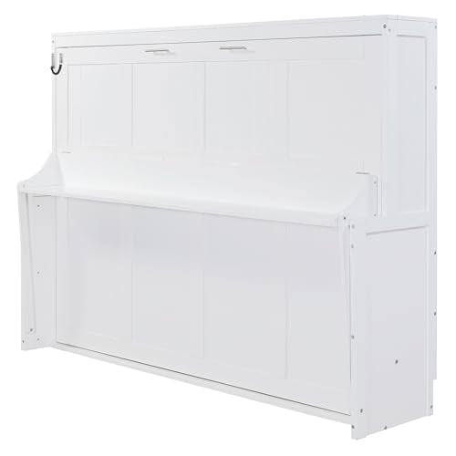 Queen Size Murphy Bed with Desk,Solid Wood Cabinet Wall Bed with Hydraulic Design,Space-Saving Folding Beds for Small Apartment Guest Room Home Office,No Box Spring Needed,White Harper & Bright Designs