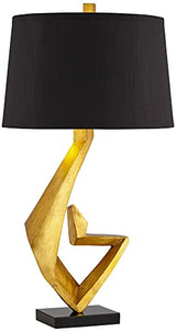 Possini Euro Design Zeus Mid Century Modern Glam Luxury Table Lamp 28.5" Tall Sculptural Gold Leaf Metal Black Fabric Tapered Drum Shade Decor for Living Room Bedroom House Bedside Nightstand Home Possini Euro Design
