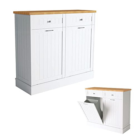 TOLEAD Double Tilt Out Trash Cabinet Free Standing 10 Gallon Recycling Trash Can Cabinet for Farmhouse Kitchen,Living Room, Dining Room, White TOLEAD