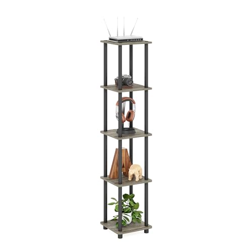 FURINNO Turn-N-Tube 5-Tier Corner Square Rack Display Shelf, Round, French Oak Grey/Black Furinno