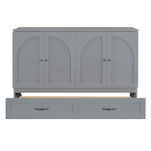 P PURLOVE Queen Murphy Bed with Large Drawers, Wood Cabinet Bed with USB Port, No Box Spring Needed, Easy Assembly (Gray) P PURLOVE