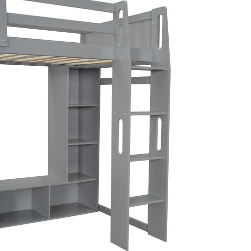 Wooden Gaming Loft Bed with LED Desk, Twin Size Gaming Loft Bed with Storage Shelves and Hanging Clothes Rack, Grey Bellemave