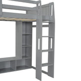 Wooden Gaming Loft Bed with LED Desk, Twin Size Gaming Loft Bed with Storage Shelves and Hanging Clothes Rack, Grey Bellemave