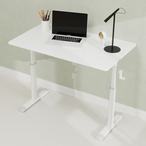 Penau Adjustable Height Standing Desk, Manual Crank Sit Stand Computer Desk, Minimalist White Engineered Wood Top, White Iron Double Column Frame, 39.37 x 23.62 x 35.43 Inchs Penau